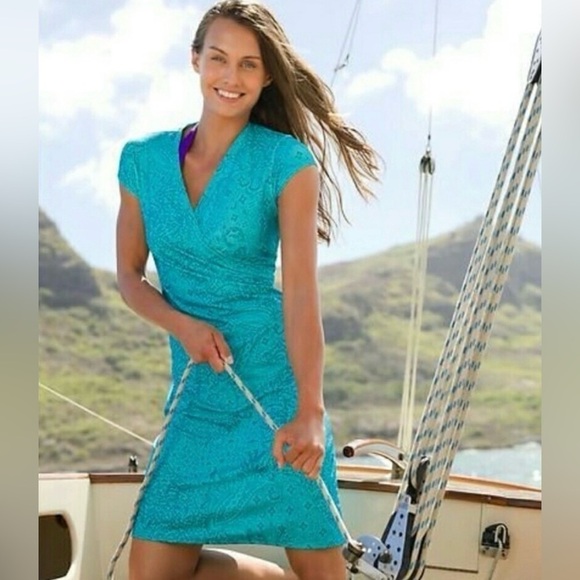 Athleta Nectar Faux Wrap Turquoise Paisley Printed Ruched Dress Athleisure - Picture 2 of 8